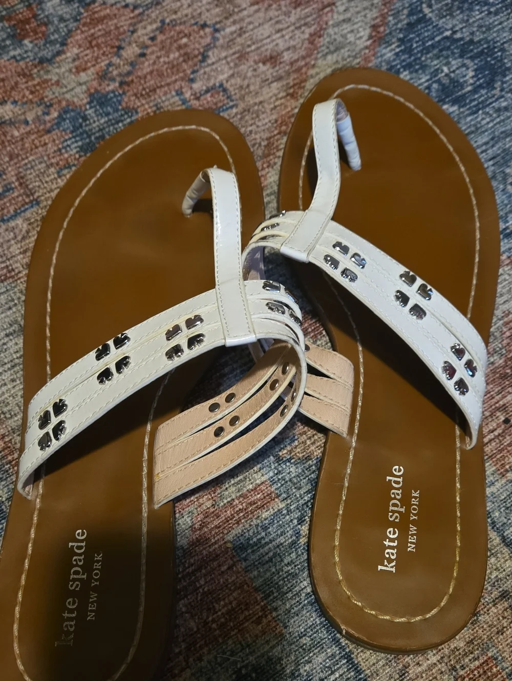 kate spade White and Tan Leather T-strap Studded Sandals